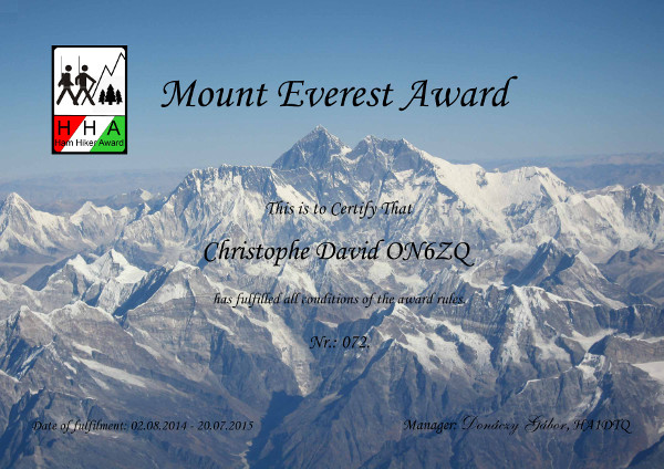ON6ZQ Ham Hiker Award Mount Everest