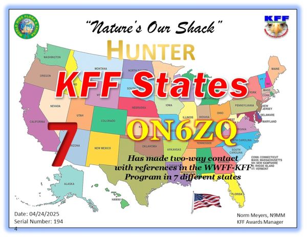 ON6ZQ KFF Hunter (states) award