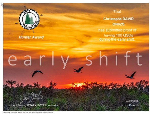 ON6ZQ POTA Hunter award