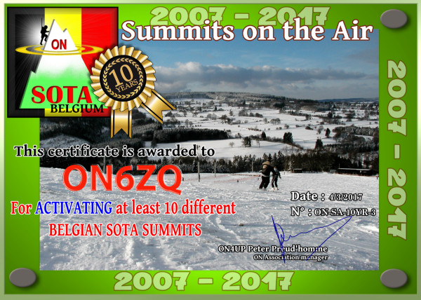 ON6ZQ SOTA Completed 10 ON Summits in 2017 - 10th anniversary SOTA Belgium